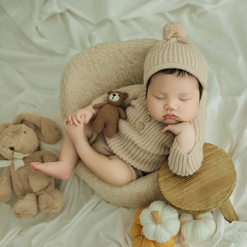 Infant Photography Props Outfit - Newborn Photography Outfit Khaki Knitted Jumpsuit